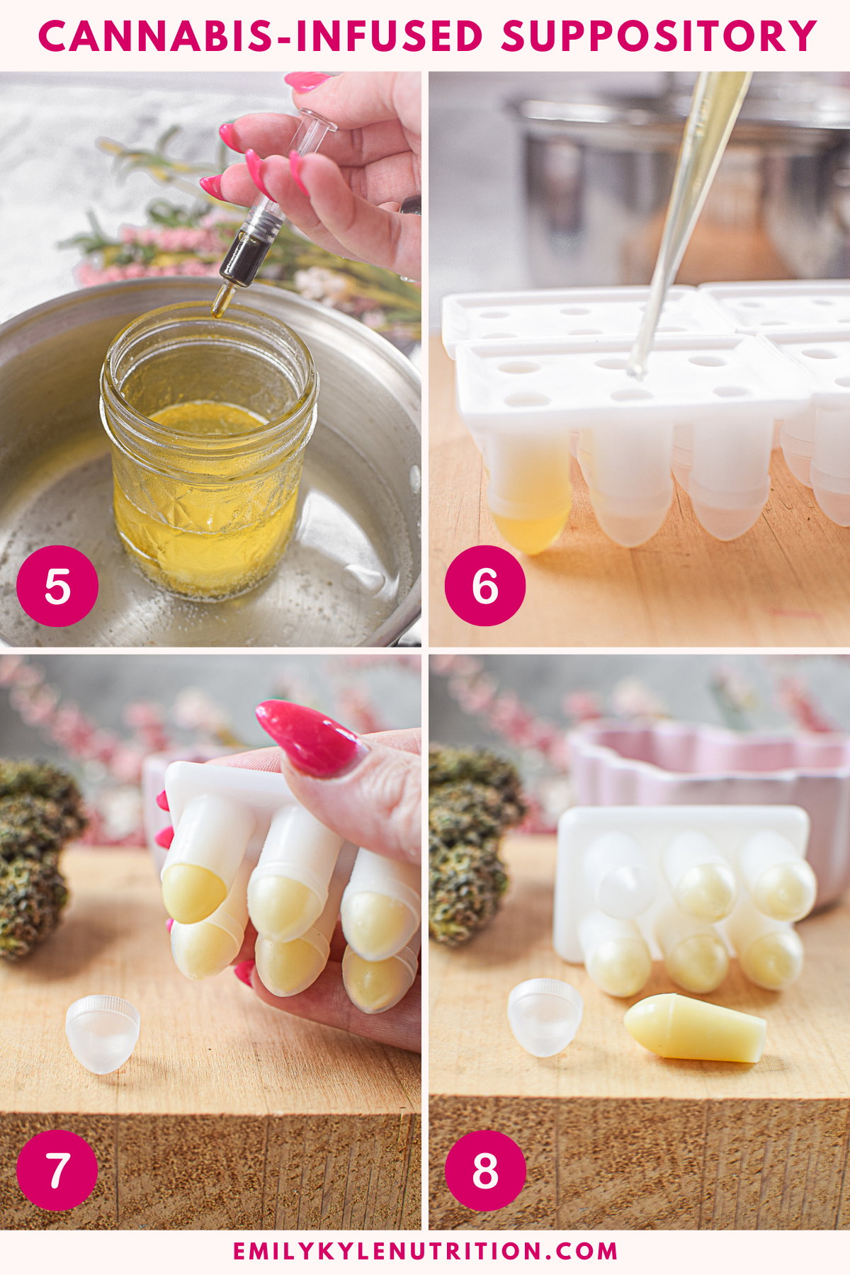 Homemade cannabis suppository preparation with molds and infused oil.