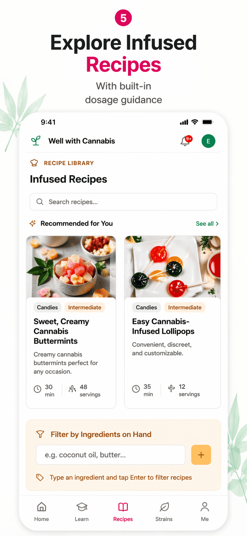 The Well With Cannabis app showing the infused recipe library with dosage guidance