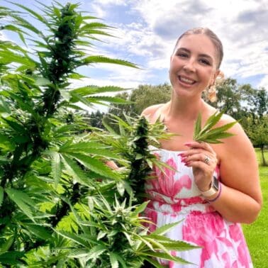 Woman holding cannabis fan leaves outdoors on a sunny day.